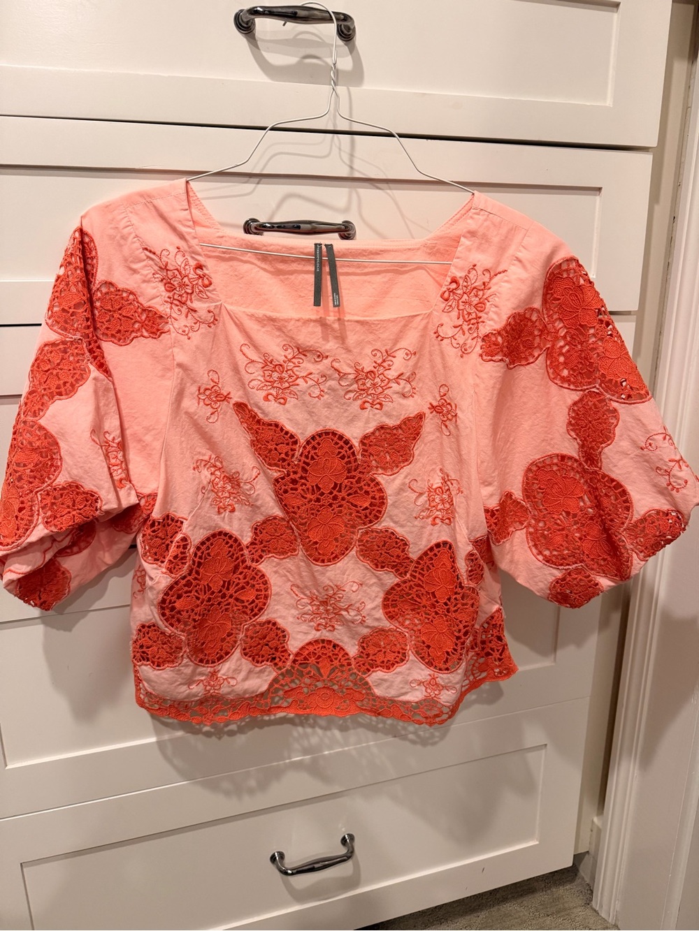 Anthropologie Pink Blouse with Coral Lace Appliqué
